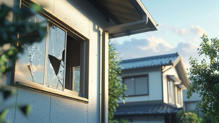 窓ガラスが割られた日本の家