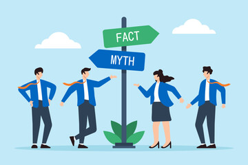 Flat illustration of business people stand at directional sign discussing fact vs myth to make right decisions