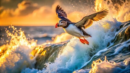Puffin Flying Over Ocean Waves with Sunlight and Spray &ndash; Stunning Landscape Photography for Nature Lovers
