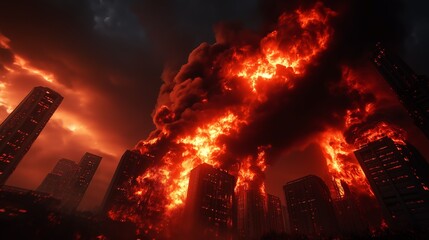 Obraz premium Destructive fire engulfing city buildings under a dramatic sky.