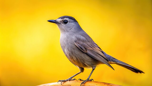 Reflected catbird against yellow and white background