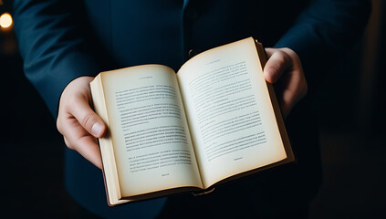 Fototapeta premium hands holds open book blank pages cut size