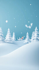 serene 3D night scene featuring Santas sleigh amidst snowy trees and gentle snowfall, creating magical winter atmosphere
