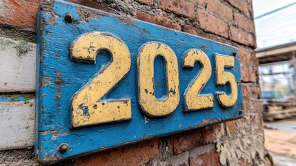 A weathered blue and yellow sign with the number 2025 mounted on a rustic brick wall in an outdoor setting, suggesting vintage or industrial themes