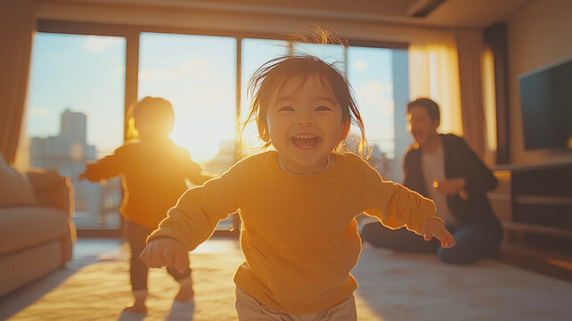 Happy family playing funny game having fun together with little son and daughter in modern living room.