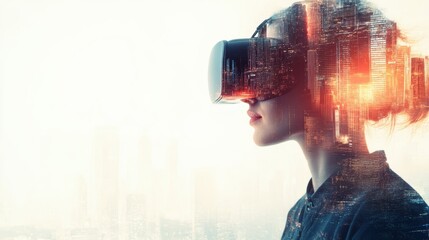 Double exposure photography of close up VR gamer and the beautiful sci-fi city, technology, headset, virtual, device, future, futuristic, modern, digital.
