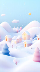 tranquil snowy village at dusk, featuring minimalistic houses and soft pastel colors, creates serene winter landscape. gentle hills and trees enhance peaceful atmosphere