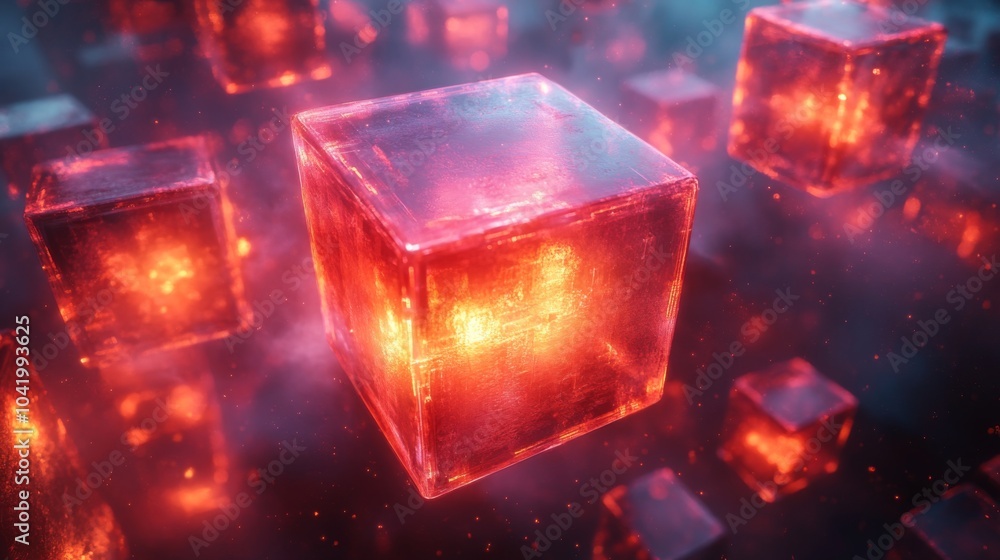 Fototapete Red translucent cubes float in a dark, misty space, illuminated by an inner glow. The vibrant colors and ethereal atmosphere evoke a sense of wonder and intrigue.