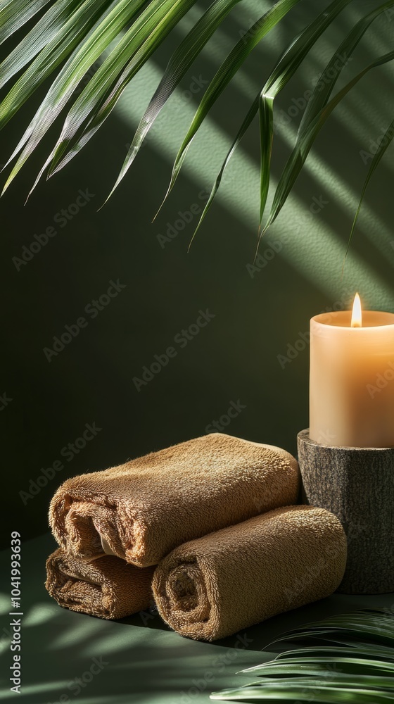 Aufkleber Soft brown towels neatly folded with a burning candle casting warm light, creating a tranquil and inviting spa atmosphere