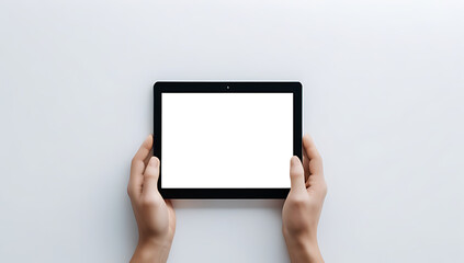 blank tablet lies white surface isolation outstretched hands beside