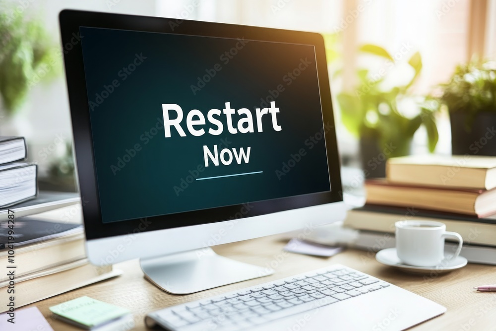 Poster computer screen displaying restart now message