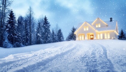 A cozy, snow-covered house illuminated in winter, surrounded by tall trees under a serene, blue sky, creating a peaceful and inviting atmosphere.