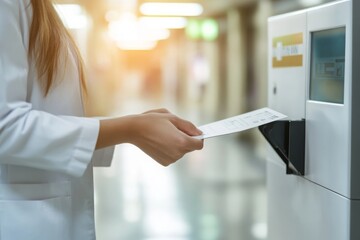 Woman Using a Kiosk in a Medical Facility