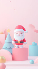 Festive Santa Claus character in simple 3D style, surrounded by colorful geometric shapes and Christmas tree, creating cheerful holiday atmosphere