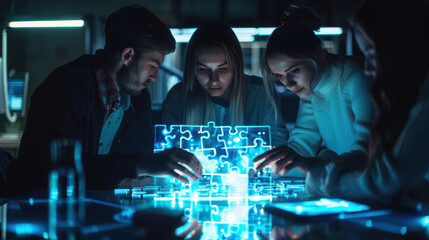 Business Professionals Collaborating on Futuristic Hologram Puzzle in High-Tech Office Environment