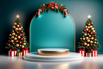 christmas new year themed background designs podiums product display festive decorative objects vector illustration style