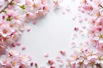 Reflected cherry blossoms with petals spread on white background