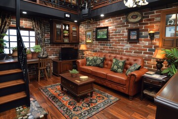 Naklejka premium Warm and inviting rustic living room interior with a classic leather couch, art-filled brick walls, wooden floors, and cozy lighting elements