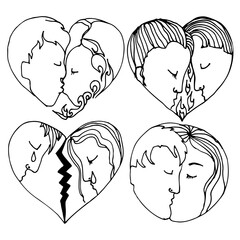 Man and woman heart silhouettes set. Romantic couple. Love and separation. Hand drawn line vector illustration