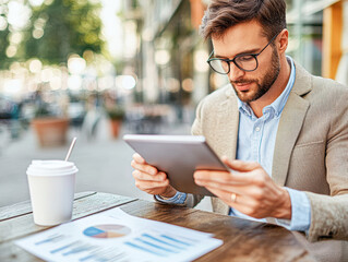 Focused professional analyzing data on tablet at outdoor cafe with coffee and reports in front