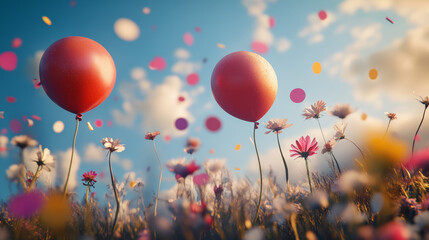 Include subtle symbols of joy, like balloons floating in the sky, confetti in the air, or blooming flowers surrounding the scene. 