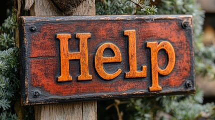 A weathered wooden sign with the word Help painted in bold yellow letters, surrounded by lush greenery, conveying a sense of urgency and call for assistance