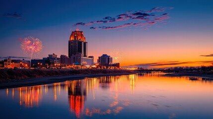 Stunning Cityscape at Dusk with Fireworks Reflected on Water Surface