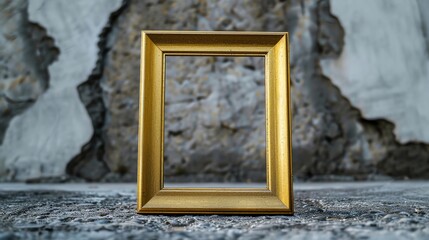 A vintage gold picture frame stands prominently against a textured concrete wall, creating an artistic focal point in a contemporary interior setting.
