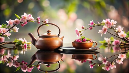 Fototapeta premium Reflected Chinese tea ceremony with teapot and flowers