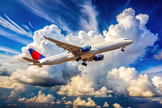 Delta airlines plane flying in blue sky with clouds, Inglewood California USA