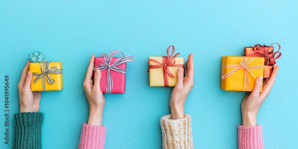Poster a person is holding four presents, each with a different color ribbon. the presents are of various s