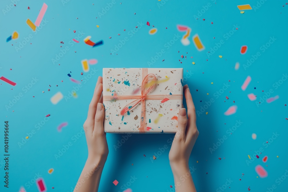 Poster a person is holding a white box with a colorful ribbon on it. the box is surrounded by colorful conf