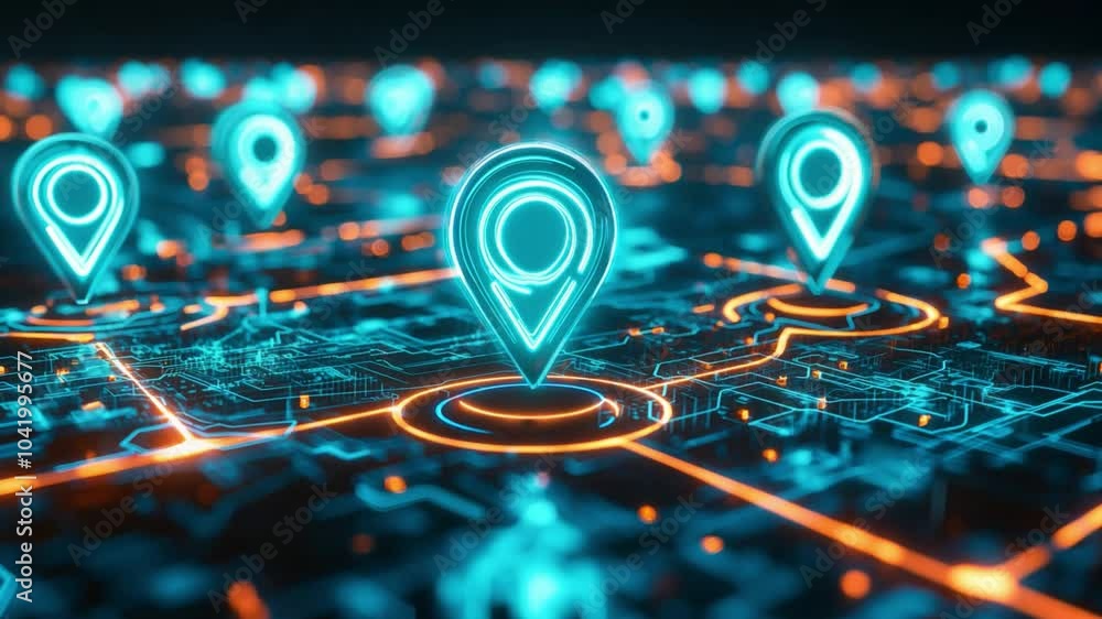 Poster glowing digital location markers illustrate a modern navigation network, highlighting interconnected