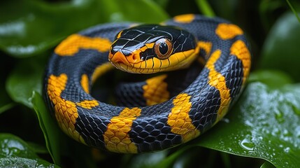 Obraz premium A vibrant snake coiled among lush green leaves.
