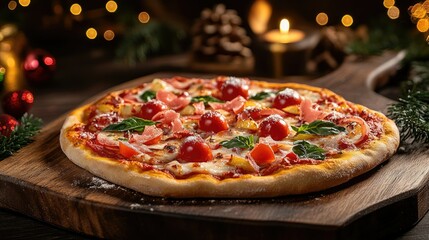 Delicious Pizza with Fresh Ingredients on Wooden Board