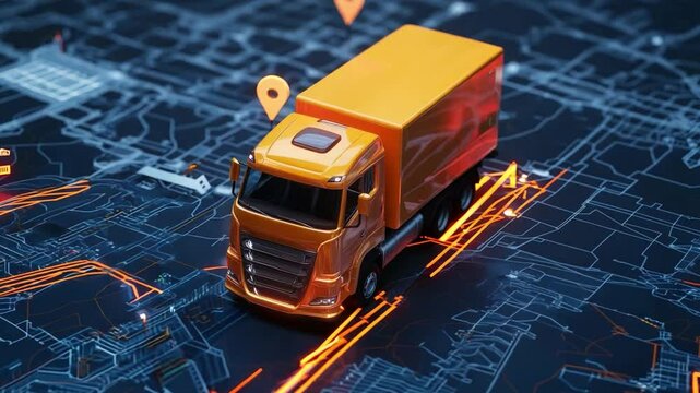 The small orange truck moves across a glowing digital map featuring pinpoint markers on a dark background