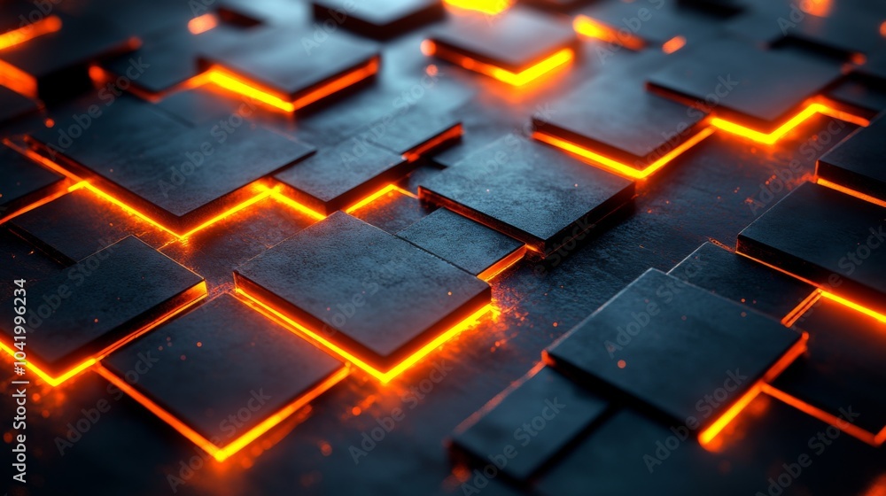 Poster In a modern digital setting, dark geometric blocks arrange themselves with glowing orange lines illuminating the gaps between them, creating a striking visual effect.
