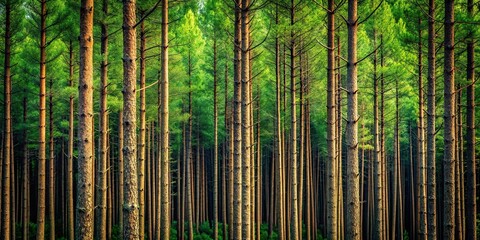 Dense forest of tall pines in extreme close-up