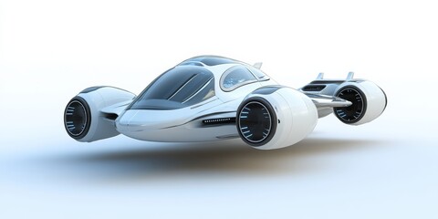 A futuristic 3D rendering of a flying car, showcasing its innovative design and advanced technology, isolated on a clean white background