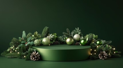 Green Christmas Podium with Festive Decorations