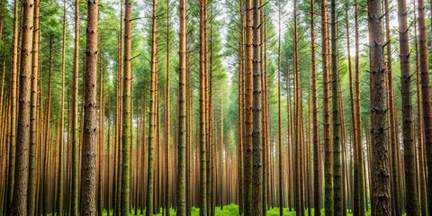 Obraz premium Dense forest of tall pines with extreme close-up