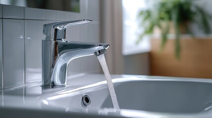 Close-up of a Modern Bathroom Faucet with Running Water