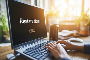 Laptop with Restart Now Message on Screen