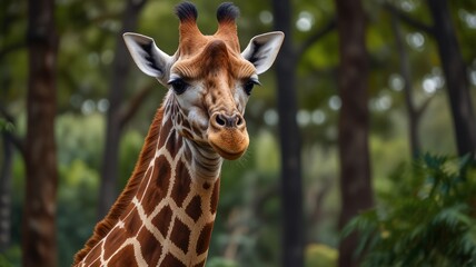 Obraz premium A young giraffe stands tall in a lush, green forest. Its long, slender neck stretches upward, reaching for leaves among the treetops.