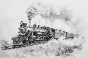 A vintage pencil drawing of steam locomotive in the countryside