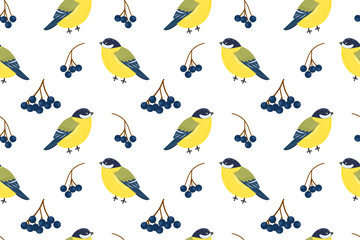 Seamless pattern with tit birds and branches berries. Winter feather birds. Pattern with titmouse. Vector background with small forest birds. Flat style.