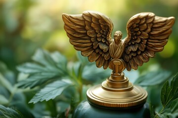 Golden angel statue with wings perched on a trophy surrounded by lush green foliage