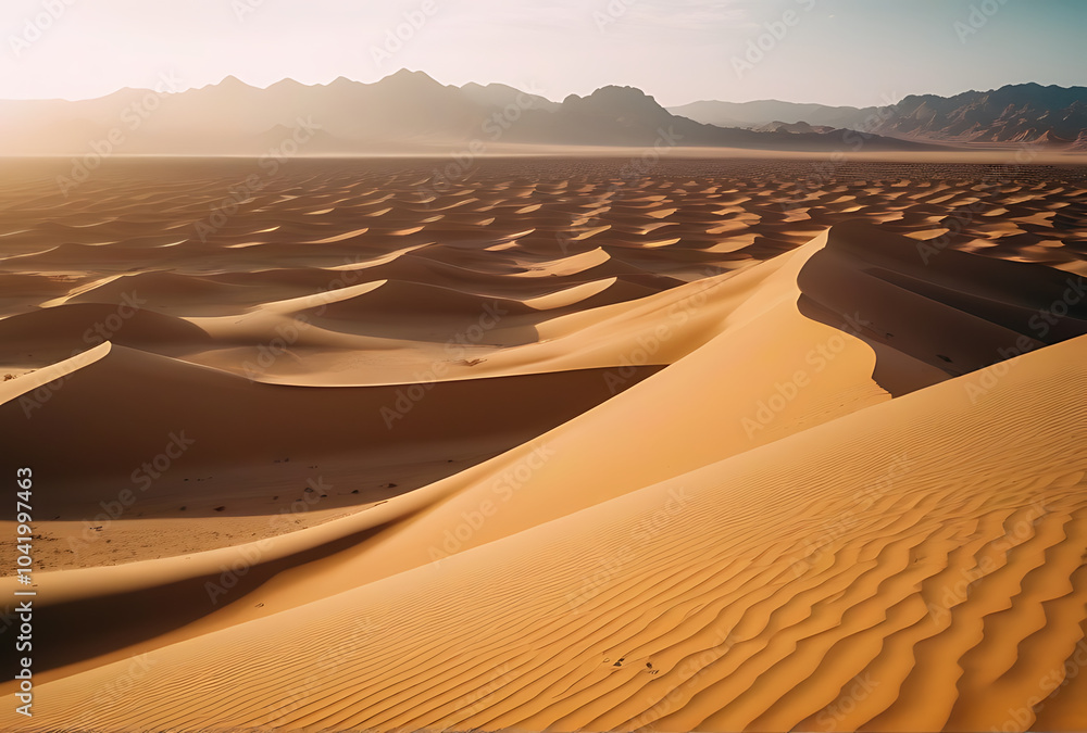 Wall mural dry desert landscape features barren sandy dunes jagged rocky formations create harsh environment