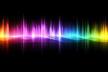 A vibrant soundwave visualization against a dark backdrop with soft rainbow hues radiating in a flowing pattern