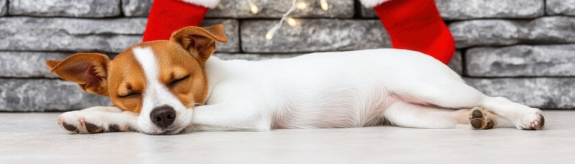 Puppy Sleeping by the Cozy Fireplace with Stockings